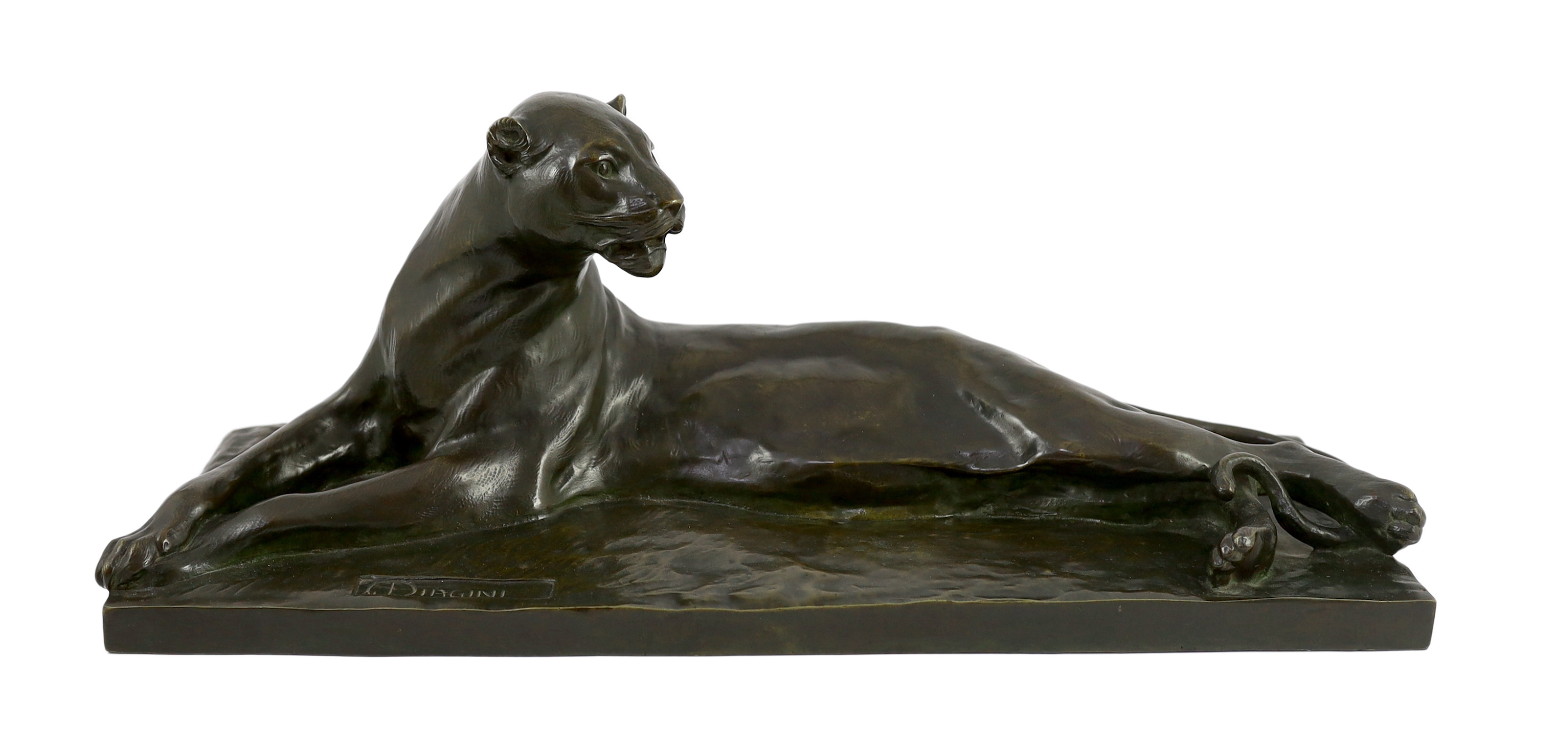 Alfredo Biagini (Italian, 1886-1952). A bronze model of a reclining panther, 63cm long, 24cm deep, 24cm high